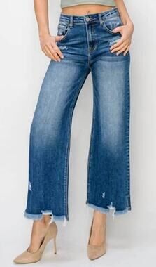Risen Jeans Wide Leg Side Slit Jeans Size 1/25 Medium Wash Stretch Denim Raw Hem